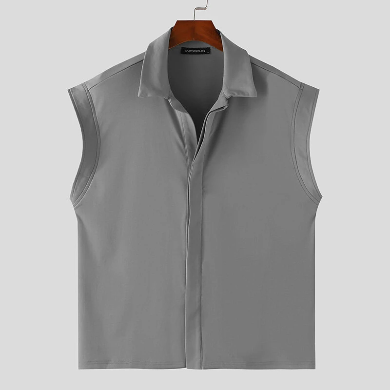 INCERUN Men Shirts Solid Color Sleeveless Shirt Casual Daily Lapel Streetwear Shirt Mens Clothing Summer Male Shirts — view 4