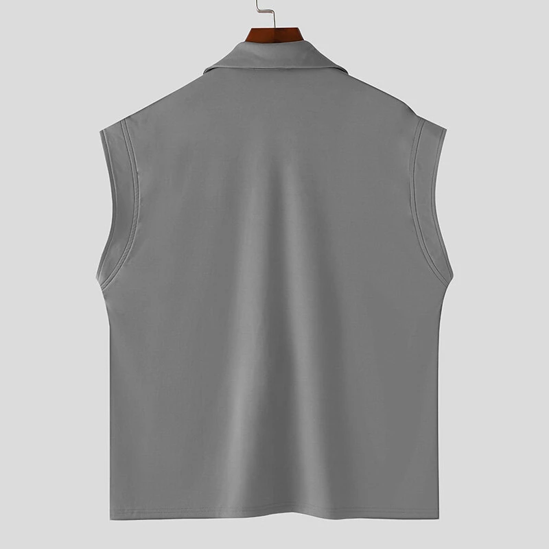INCERUN Men Shirts Solid Color Sleeveless Shirt Casual Daily Lapel Streetwear Shirt Mens Clothing Summer Male Shirts — view 6