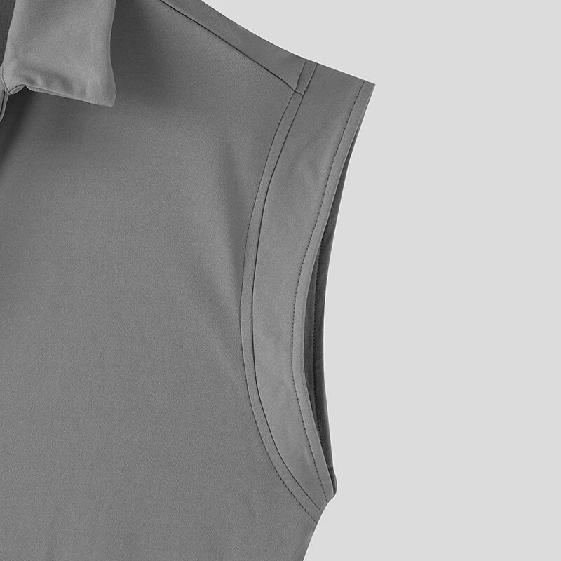 INCERUN Men Shirts Solid Color Sleeveless Shirt Casual Daily Lapel Streetwear Shirt Mens Clothing Summer Male Shirts — view 7