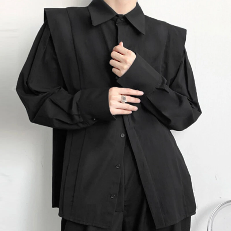 INCERUN Men Shoulder Fly Design Solid Color Casual Shirt Fashion Long Sleeve Lapel Shirt Top Comfortable Loose Fit Top for Men Large Size S-5XL — view 2