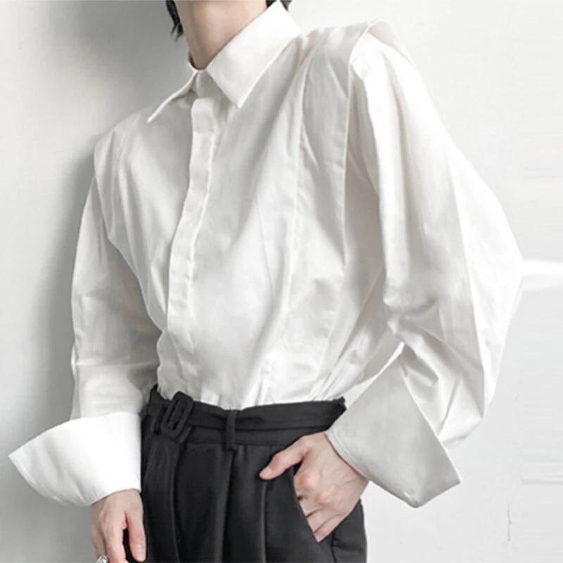 INCERUN Men Shoulder Fly Design Solid Color Casual Shirt Fashion Long Sleeve Lapel Shirt Top Comfortable Loose Fit Top for Men Large Size S-5XL — view 3