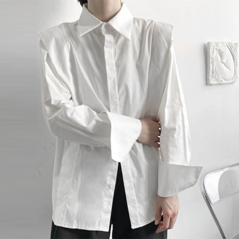 INCERUN Men Shoulder Fly Design Solid Color Casual Shirt Fashion Long Sleeve Lapel Shirt Top Comfortable Loose Fit Top for Men Large Size S-5XL — view 4