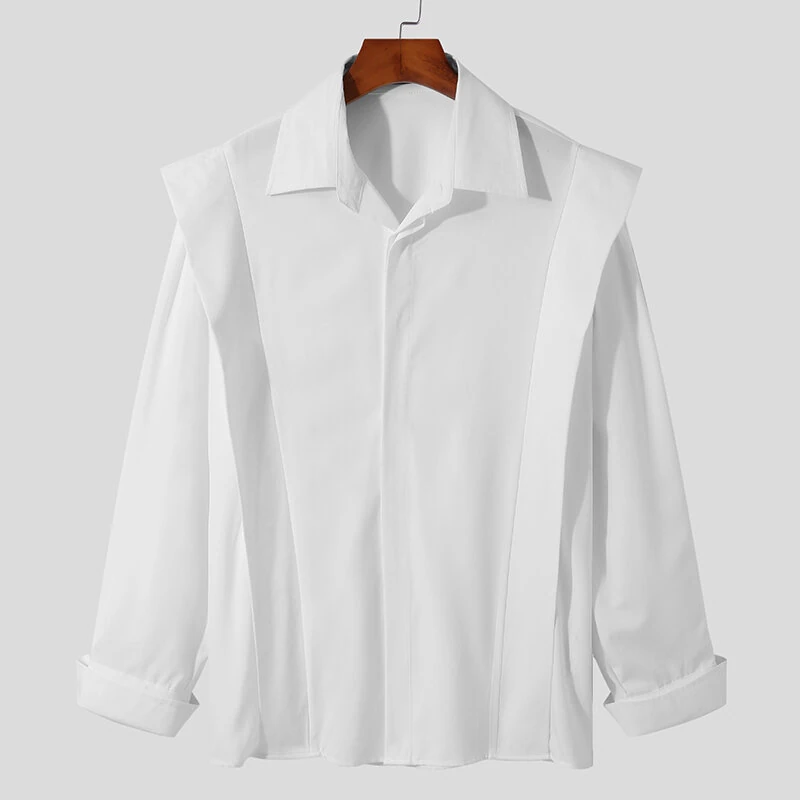 INCERUN Men Shoulder Fly Design Solid Color Casual Shirt Fashion Long Sleeve Lapel Shirt Top Comfortable Loose Fit Top for Men Large Size S-5XL — view 5