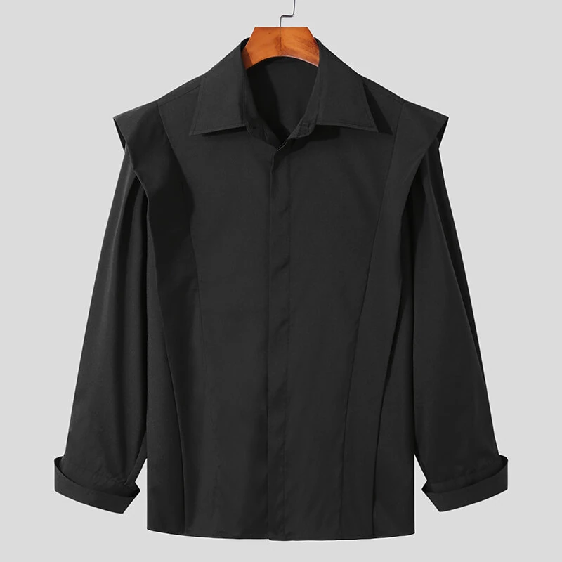INCERUN Men Shoulder Fly Design Solid Color Casual Shirt Fashion Long Sleeve Lapel Shirt Top Comfortable Loose Fit Top for Men Large Size S-5XL — view 6