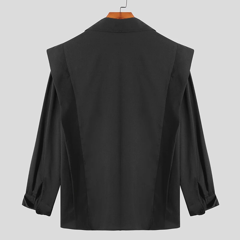 INCERUN Men Shoulder Fly Design Solid Color Casual Shirt Fashion Long Sleeve Lapel Shirt Top Comfortable Loose Fit Top for Men Large Size S-5XL — view 7