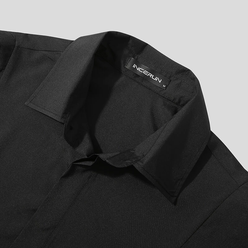INCERUN Men Shoulder Fly Design Solid Color Casual Shirt Fashion Long Sleeve Lapel Shirt Top Comfortable Loose Fit Top for Men Large Size S-5XL — view 8