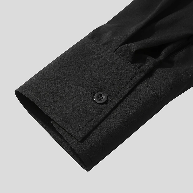 INCERUN Men Shoulder Fly Design Solid Color Casual Shirt Fashion Long Sleeve Lapel Shirt Top Comfortable Loose Fit Top for Men Large Size S-5XL — view 9