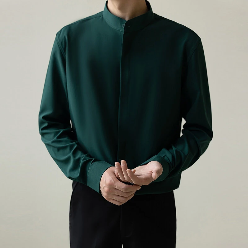 INCERUN Men Solid Color Standing Collar Long Sleeve Shirt Classic Comfortable Casual Shirt for Men Large Size S-5XL — INCERUN