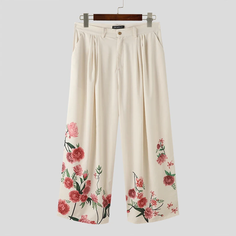 INCERUN Men Stylish Design Ankle Part Floral Print Wide Leg Pants with Pockers, Comfy Loose Botton Zipper Trousers 5XL for Spring Summer Fall — view 2