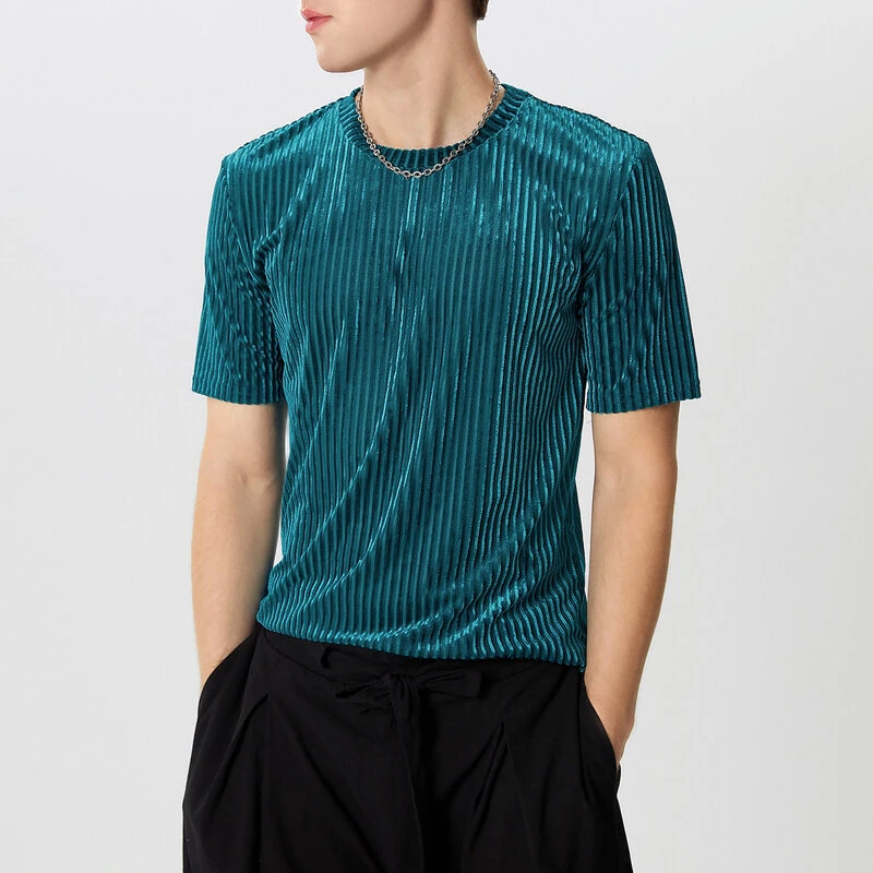 INCERUN Men T-Shirts Fashion Solid Color Skinny Elastic Top Tee Casual Summer Round Neck Short Sleeve Mens Clothing S-5XL — view 11