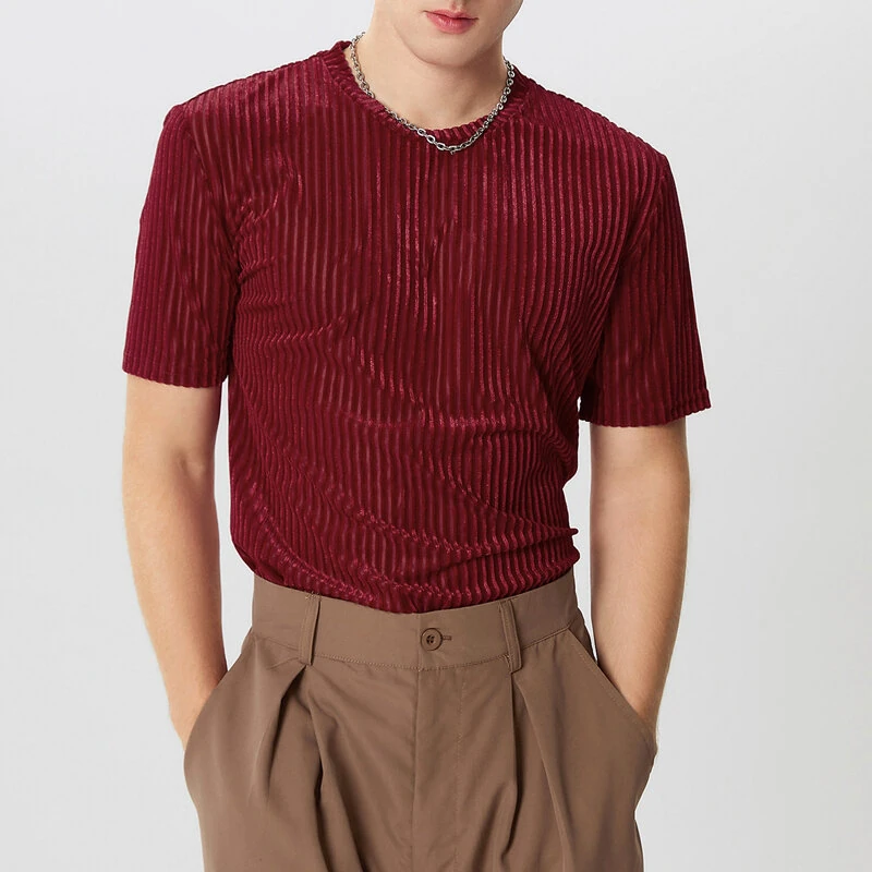INCERUN Men T-Shirts Fashion Solid Color Skinny Elastic Top Tee Casual Summer Round Neck Short Sleeve Mens Clothing S-5XL — view 3