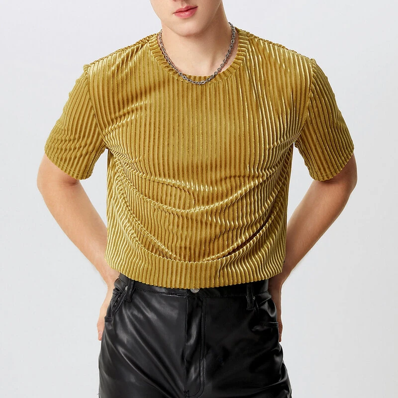 INCERUN Men T-Shirts Fashion Solid Color Skinny Elastic Top Tee Casual Summer Round Neck Short Sleeve Mens Clothing S-5XL — view 4