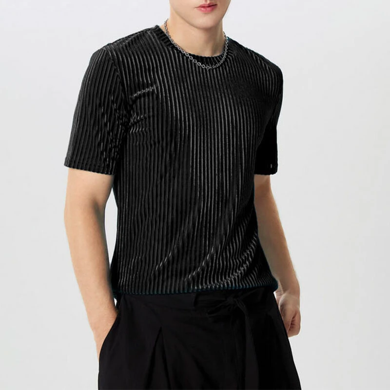 INCERUN Men T-Shirts Fashion Solid Color Skinny Elastic Top Tee Casual Summer Round Neck Short Sleeve Mens Clothing S-5XL — view 5