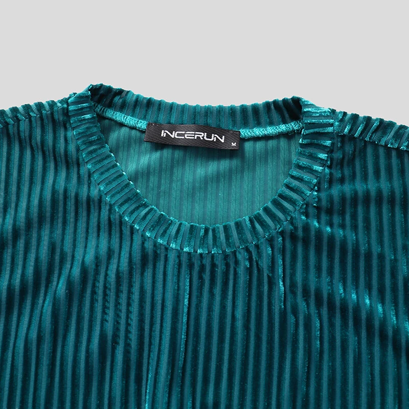 INCERUN Men T-Shirts Fashion Solid Color Skinny Elastic Top Tee Casual Summer Round Neck Short Sleeve Mens Clothing S-5XL — view 7