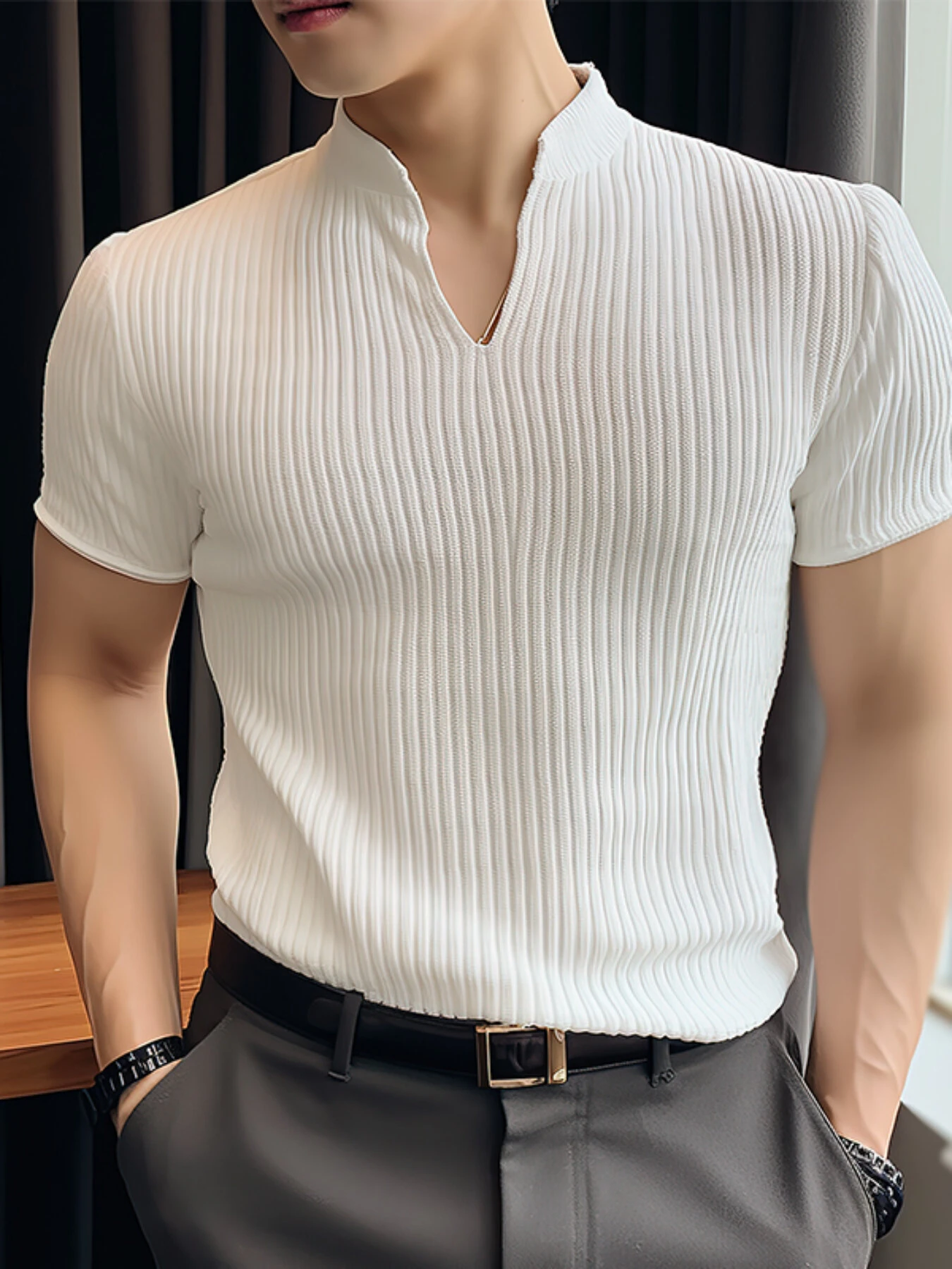 INCERUN Men T-shirts V-neck Knitted Short Sleeve Top Casual Solid Color Male Shirt Comfortable Mens Top Clothing — INCERUN