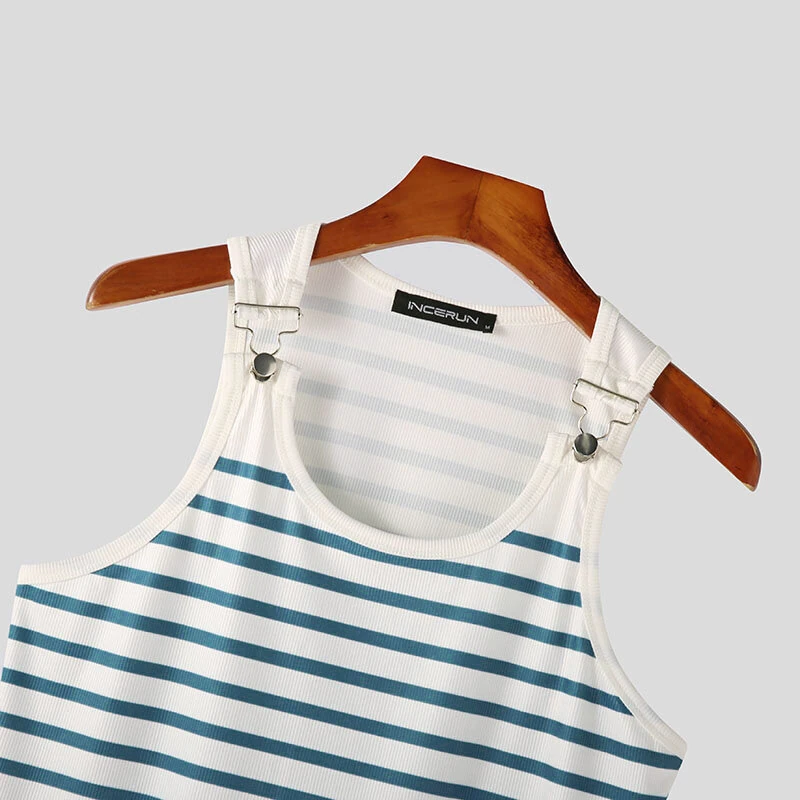 INCERUN Men Tanks Top Blue White Knitted Undershirt with Horizontal Stripes Buckle Back High Stretch Vest for Men — view 6