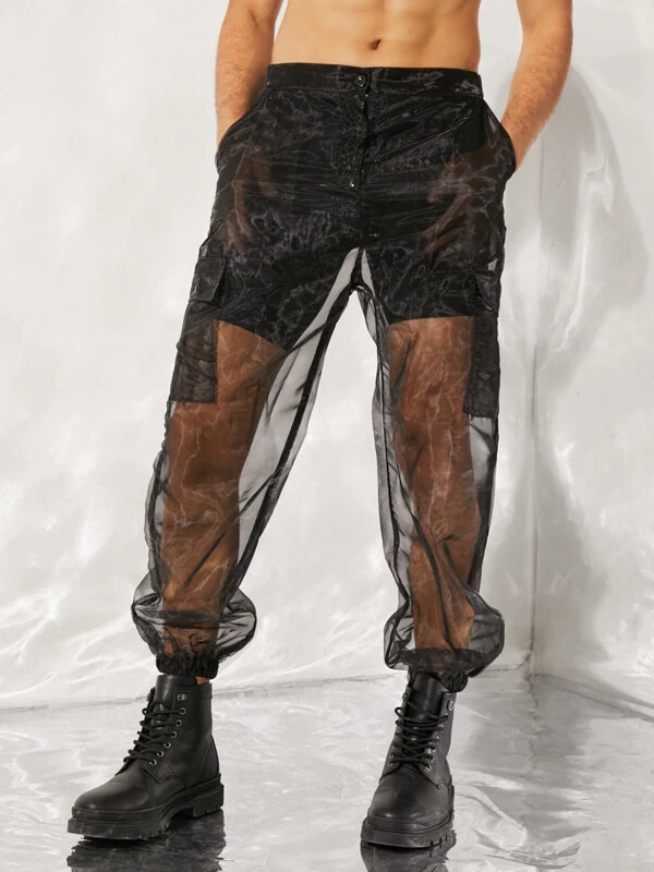 INCERUN Men Transparent Mesh Zipper Pants Nightclub Party Mens Pants Fashion Street Men's Bottoms — view 2