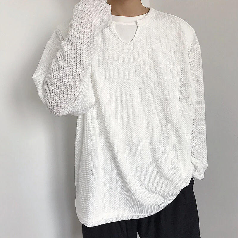 INCERUN Men Tshirt Comfy Loose Fit Long Sleeve T-Shirt Solid Color Notched Neck Knit Daily Casual T-Shirt — view 2