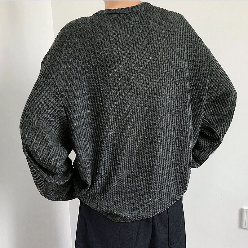 INCERUN Men Tshirt Comfy Loose Fit Long Sleeve T-Shirt Solid Color Notched Neck Knit Daily Casual T-Shirt — view 4