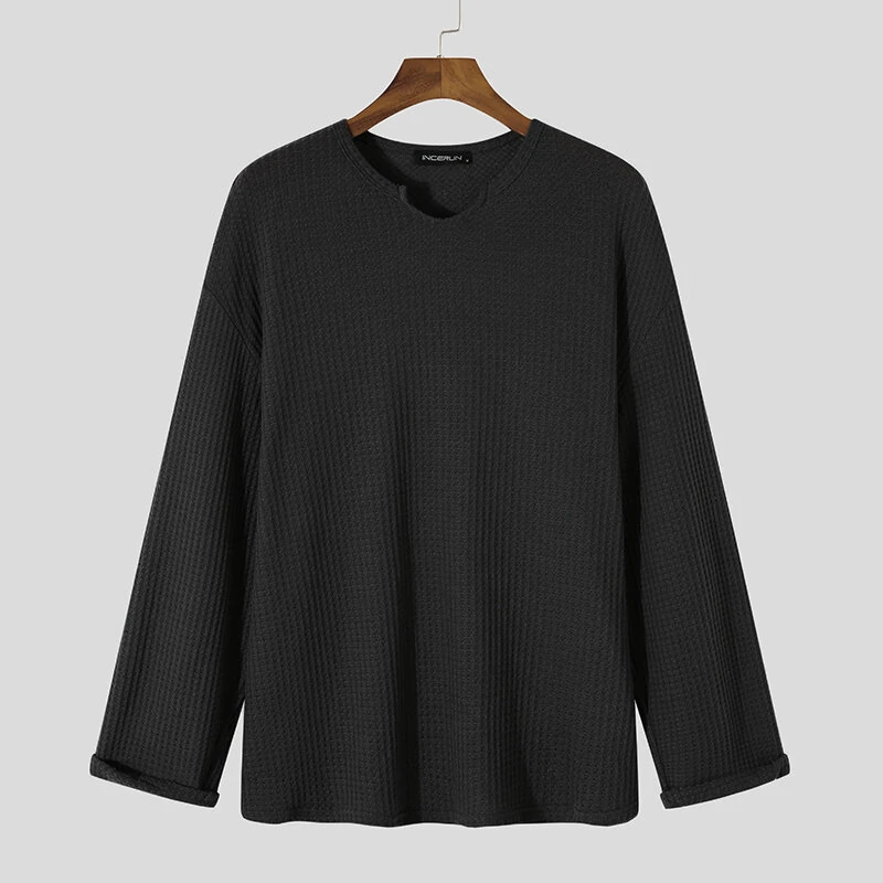 INCERUN Men Tshirt Comfy Loose Fit Long Sleeve T-Shirt Solid Color Notched Neck Knit Daily Casual T-Shirt — view 6