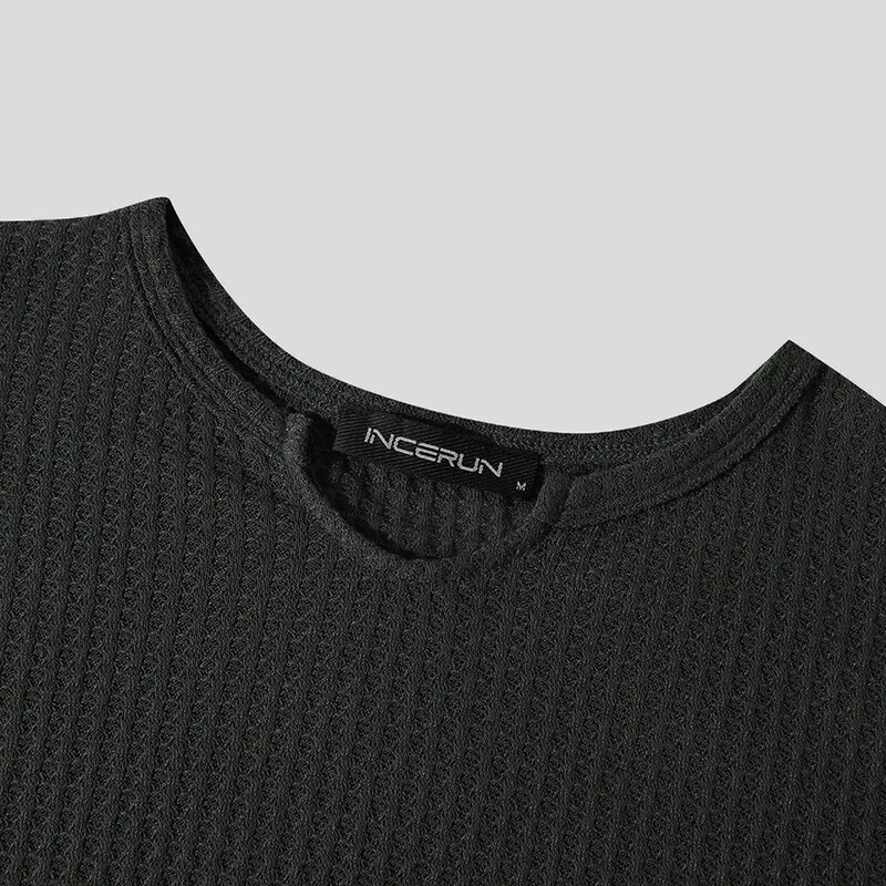 INCERUN Men Tshirt Comfy Loose Fit Long Sleeve T-Shirt Solid Color Notched Neck Knit Daily Casual T-Shirt — view 7
