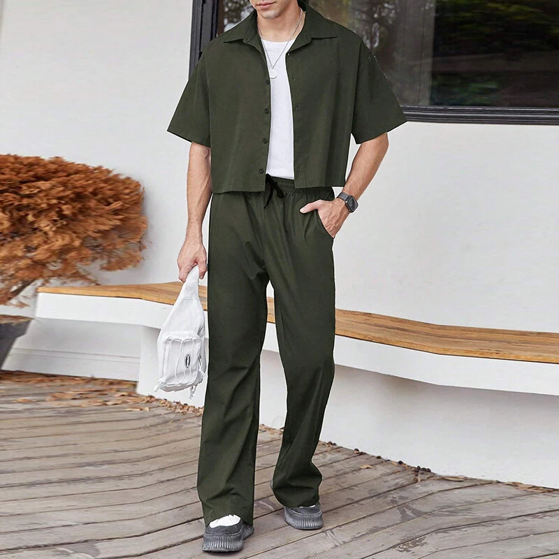 INCERUN Men Two Pieces Set Fashion Solid Color Short Shirt + Pants Summer Casual Daily Mens Clothing Set — image 1