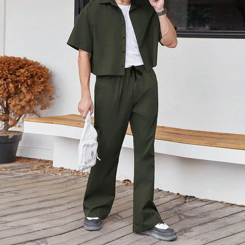 INCERUN Men Two Pieces Set Fashion Solid Color Short Shirt + Pants Summer Casual Daily Mens Clothing Set — view 2
