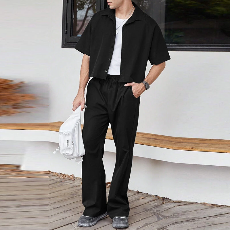 INCERUN Men Two Pieces Set Fashion Solid Color Short Shirt + Pants Summer Casual Daily Mens Clothing Set — view 3