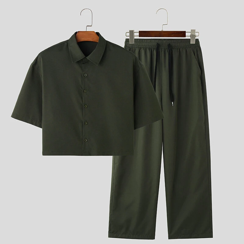 INCERUN Men Two Pieces Set Fashion Solid Color Short Shirt + Pants Summer Casual Daily Mens Clothing Set — view 5