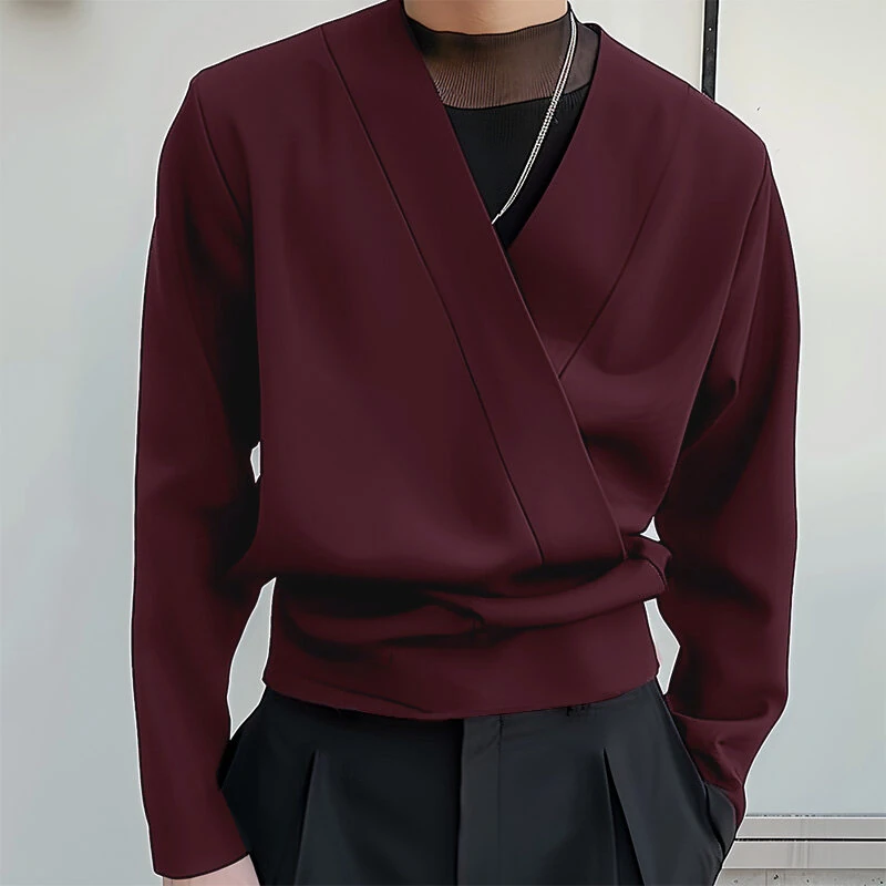 INCERUN Men V-neck Long Sleeve Shirts Comfortable Solid Color Daily Casual Tops for Men Large Size S-5XL — view 3