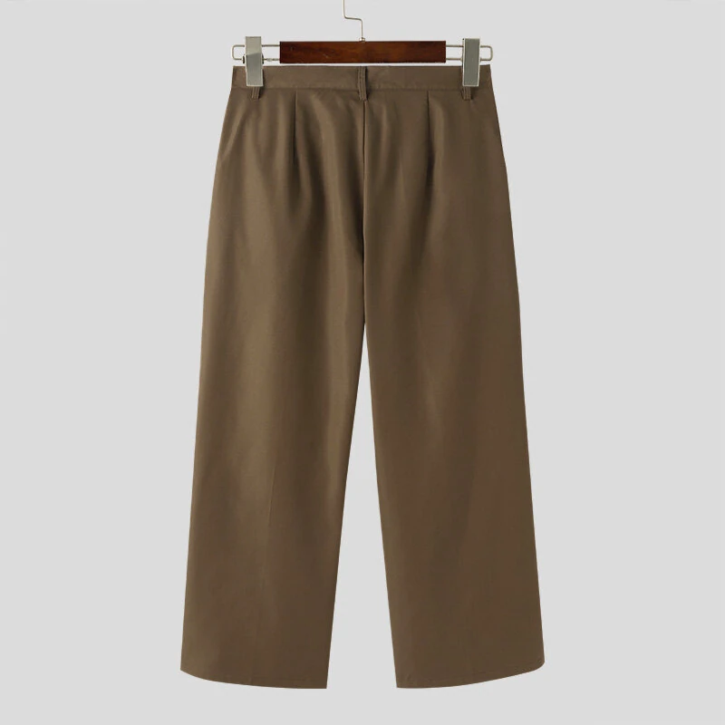 INCERUN Men Wide-leg Solid Color Casual Pants with Pockets Cropped Design Zipper Botton Trousers Plus Size — view 10