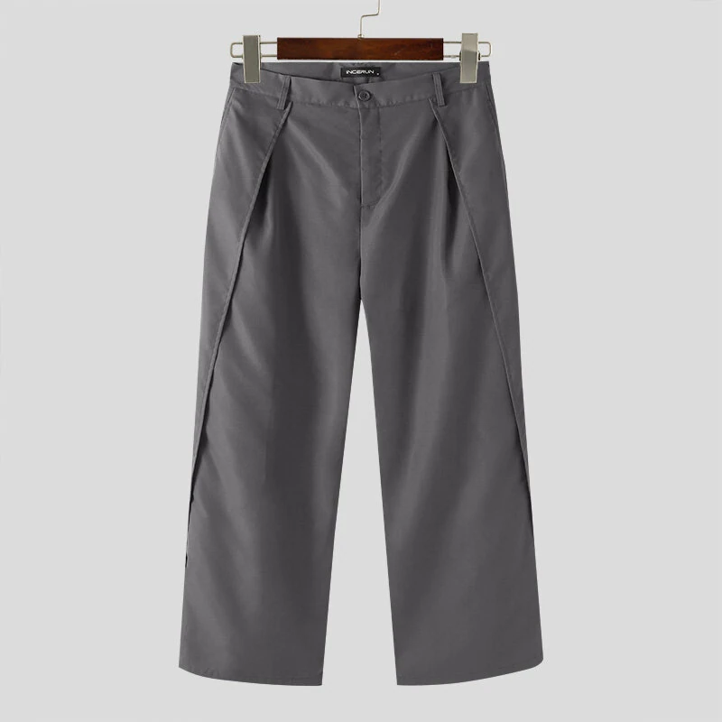 INCERUN Men Wide-leg Solid Color Casual Pants with Pockets Cropped Design Zipper Botton Trousers Plus Size — view 7