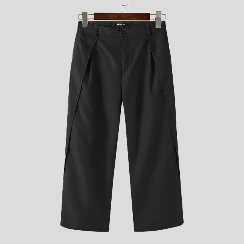 INCERUN Men Wide-leg Solid Color Casual Pants with Pockets Cropped Design Zipper Botton Trousers Plus Size — view 8