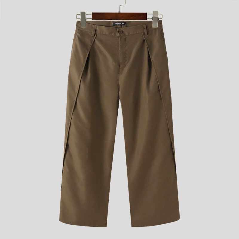 INCERUN Men Wide-leg Solid Color Casual Pants with Pockets Cropped Design Zipper Botton Trousers Plus Size — view 9