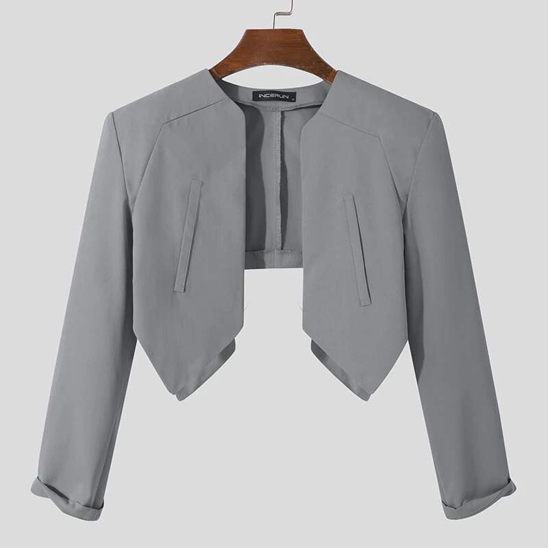 INCERUN Mens Blazer Simple Fashion Design Cut Off Suits Coats Solid Color Long Sleeve Blazer Casual Male Clothing Top — view 5