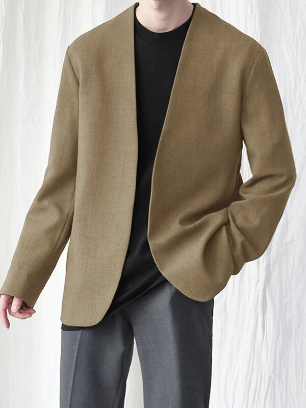 INCERUN Mens Casual Blazer Solid Collarless Casual Long Sleeve Business Blazer — INCERUN