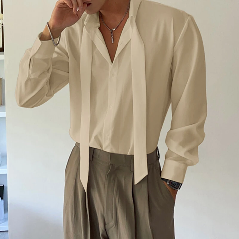 INCERUN Mens Deconstructed Tie-Detail Long Sleeve Shirt Fashion Solid Color Button Lapel Top Shirts for Male — view 10