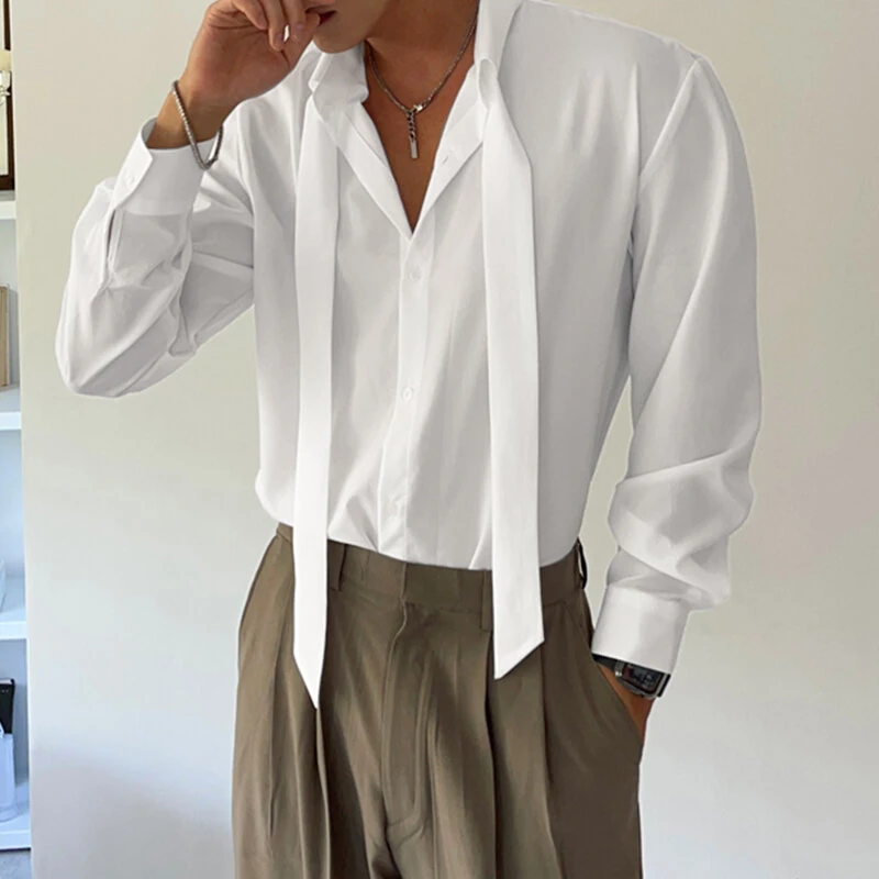 INCERUN Mens Deconstructed Tie-Detail Long Sleeve Shirt Fashion Solid Color Button Lapel Top Shirts for Male — view 2