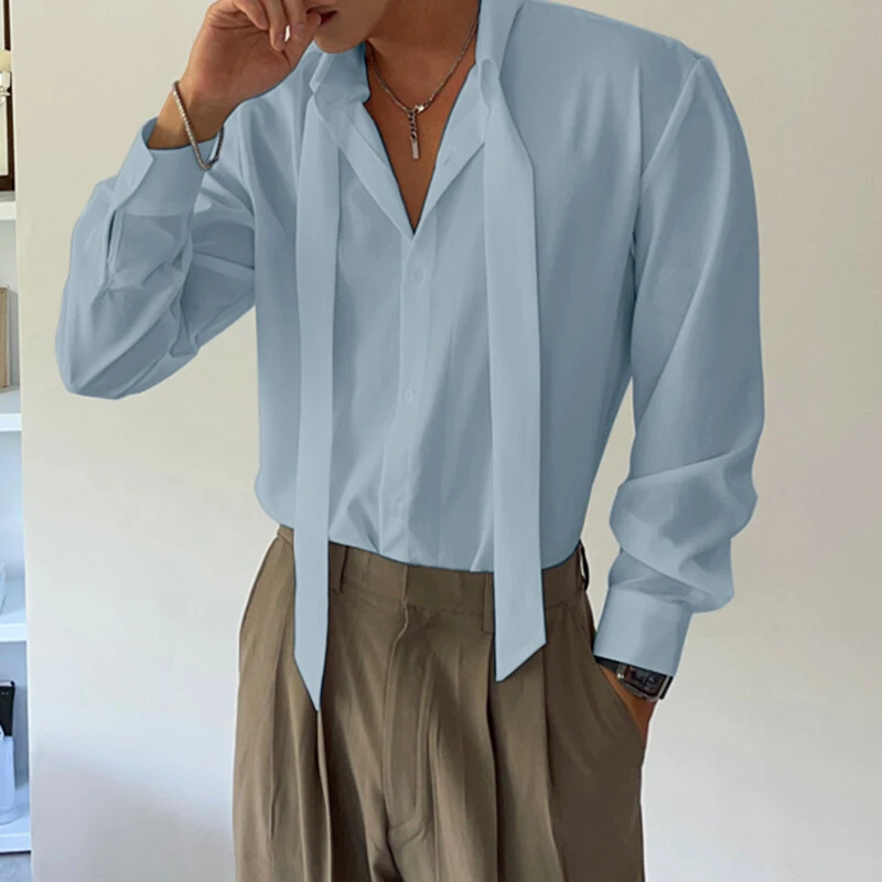 INCERUN Mens Deconstructed Tie-Detail Long Sleeve Shirt Fashion Solid Color Button Lapel Top Shirts for Male — view 3