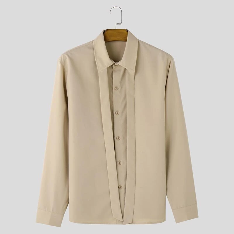 INCERUN Mens Deconstructed Tie-Detail Long Sleeve Shirt Fashion Solid Color Button Lapel Top Shirts for Male — view 4