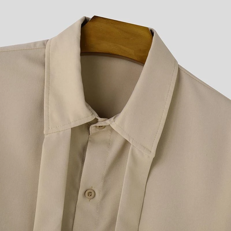 INCERUN Mens Deconstructed Tie-Detail Long Sleeve Shirt Fashion Solid Color Button Lapel Top Shirts for Male — view 5