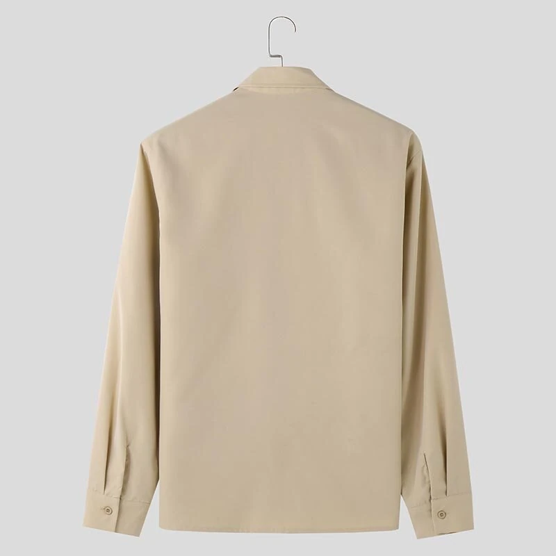 INCERUN Mens Deconstructed Tie-Detail Long Sleeve Shirt Fashion Solid Color Button Lapel Top Shirts for Male — view 8