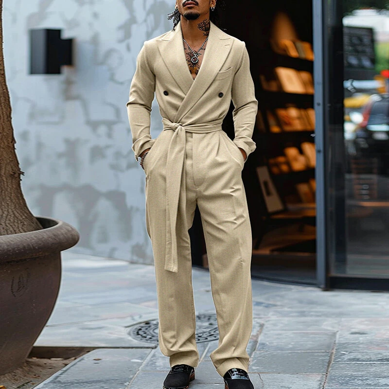 INCERUN Mens Double-Breasted Long Sleeve Jumpsuit Fashion Solid Color Waist Lace Up Suit Jumpsuit Long Top Pant — view 2