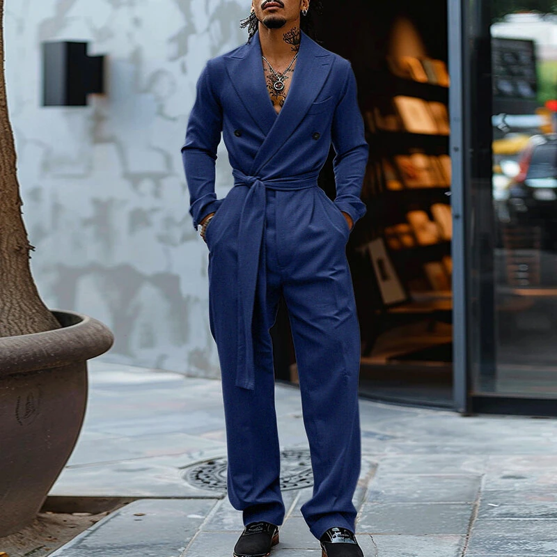 INCERUN Mens Double-Breasted Long Sleeve Jumpsuit Fashion Solid Color Waist Lace Up Suit Jumpsuit Long Top Pant — view 3