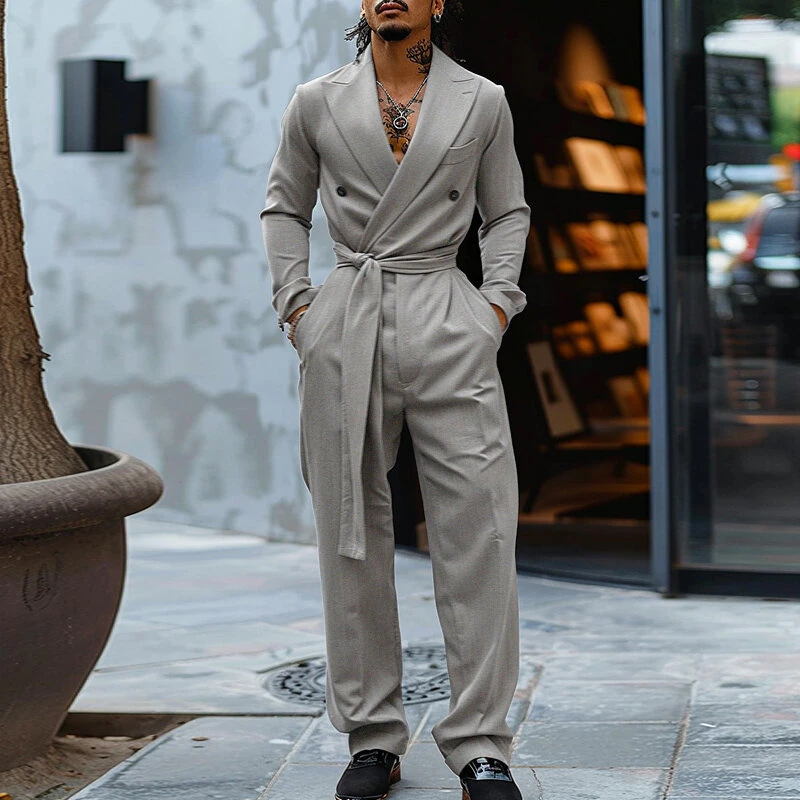 INCERUN Mens Double-Breasted Long Sleeve Jumpsuit Fashion Solid Color Waist Lace Up Suit Jumpsuit Long Top Pant — view 9