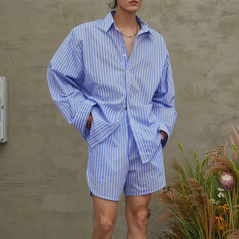 INCERUN Mens Fashion Striped Loose Two Pieces Outfit Comfortable Long Sleeve Shirt & Short Two-piece Suits — view 11