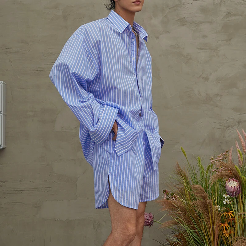 INCERUN Mens Fashion Striped Loose Two Pieces Outfit Comfortable Long Sleeve Shirt & Short Two-piece Suits — view 2
