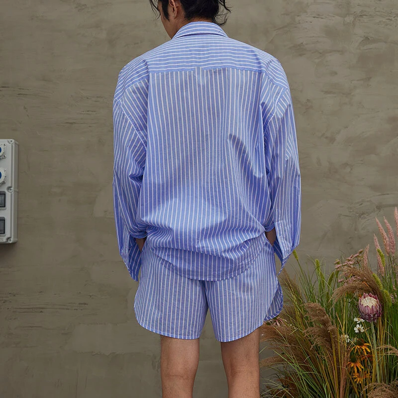 INCERUN Mens Fashion Striped Loose Two Pieces Outfit Comfortable Long Sleeve Shirt & Short Two-piece Suits — view 3