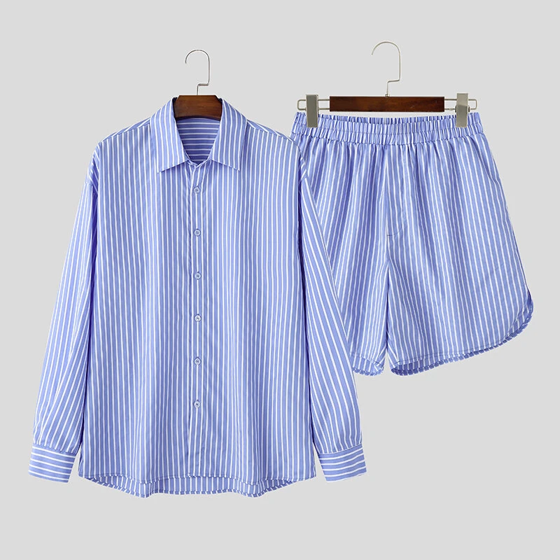 INCERUN Mens Fashion Striped Loose Two Pieces Outfit Comfortable Long Sleeve Shirt & Short Two-piece Suits — view 4