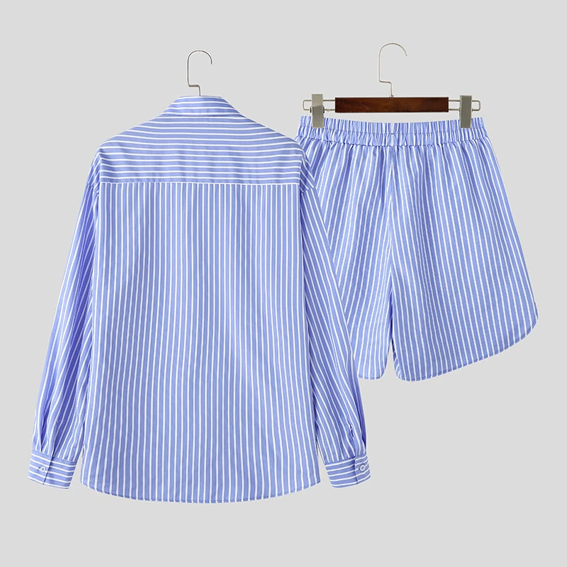 INCERUN Mens Fashion Striped Loose Two Pieces Outfit Comfortable Long Sleeve Shirt & Short Two-piece Suits — view 5